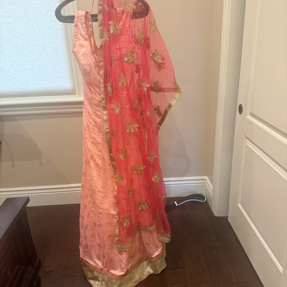 Peach and Coral Embroidered Indian Dress with Gold Accents